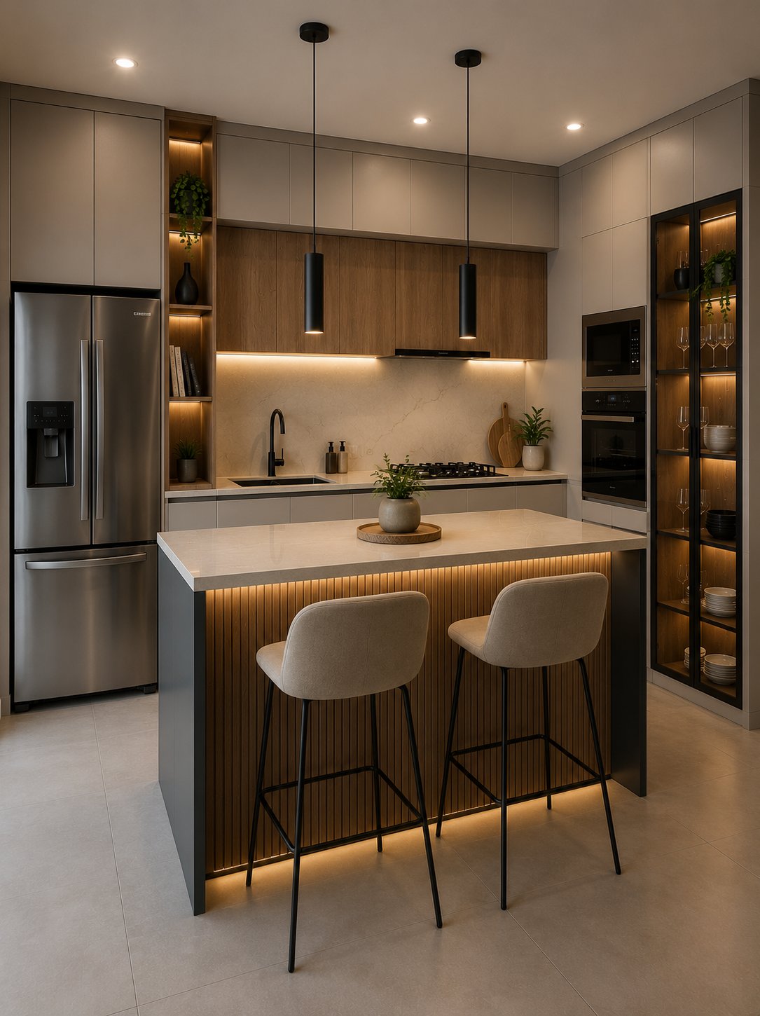 Cocina moderna negra con iluminación LED