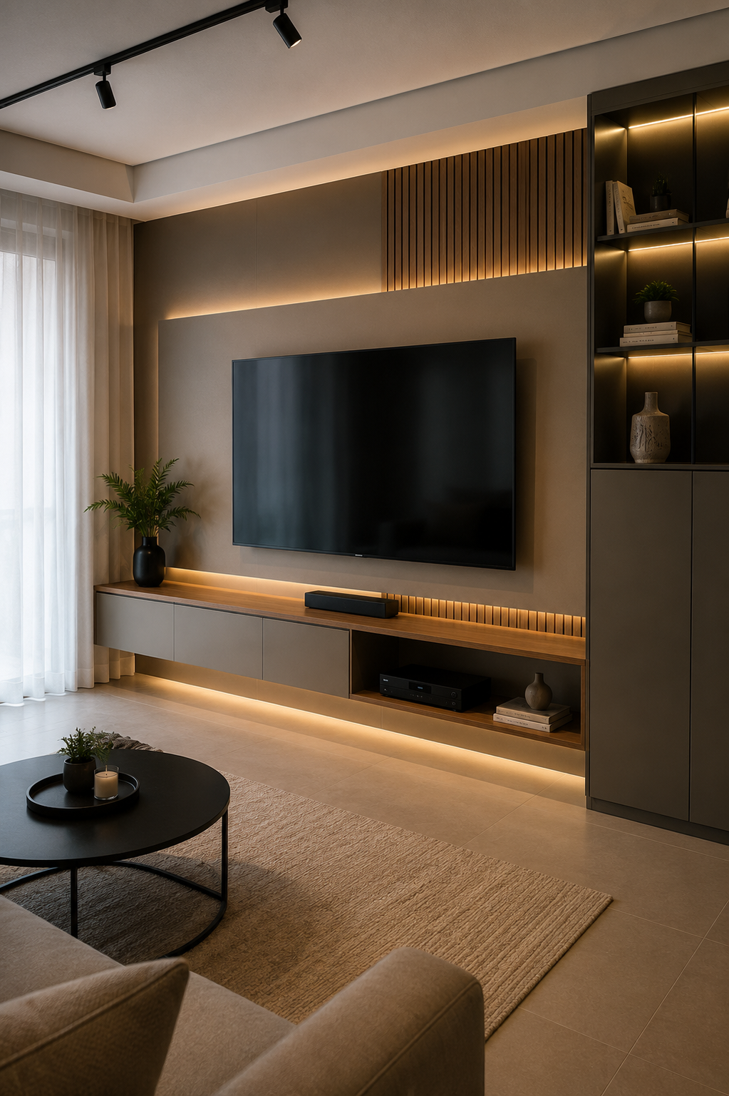 Living con rack, wall panel y vitrina iluminada